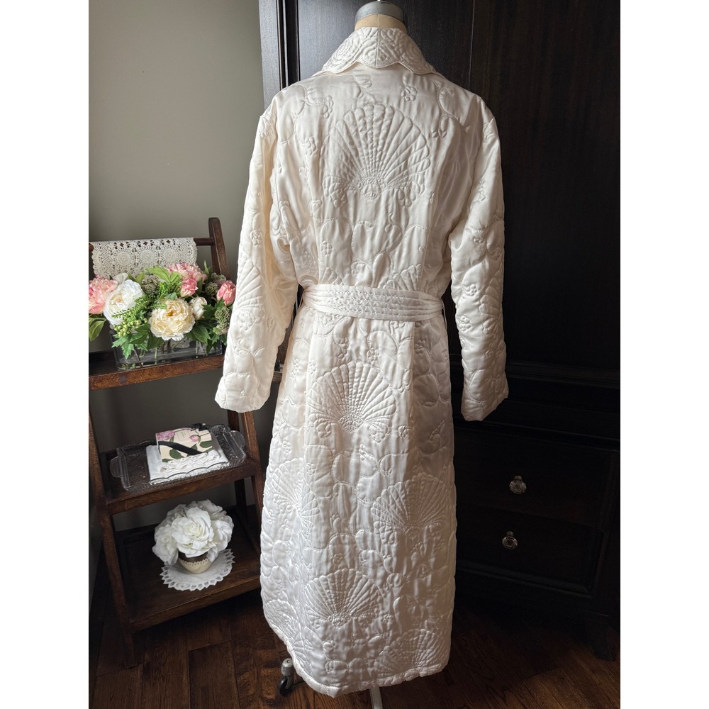 Vintage 90s Quilted Shell Trapunto Long Robe Cream Satin Dressing Gown L - Picture 4 of 14